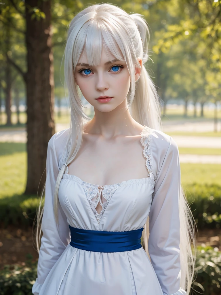 (best quality), 1girl, female, pale skin, white hair, long hair, swept bangs, straight hair, ponytail, blue eyes, perfect eyes, , slender, flat chest, shy, lolita clothes, masterpiece, anatomically correct, highres
