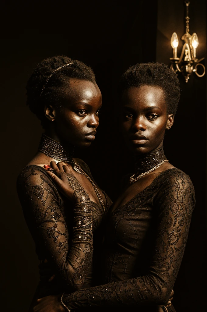 a beautiful detailed portrait of AJAK DENG, woman holding another woman, victorian clothing baroque furniture, best quality, 8k, highres, masterpiece:1.2, ultra-detailed, realistic, photorealistic:1.37, HDR, UHD, studio lighting, ultra-fine painting, sharp focus, physically-based rendering, extreme detail description, professional, vivid colors, bokeh, portraits, chiaroscuro lighting, dramatic lighting, high contrast, moody, elegant, refined, opulent