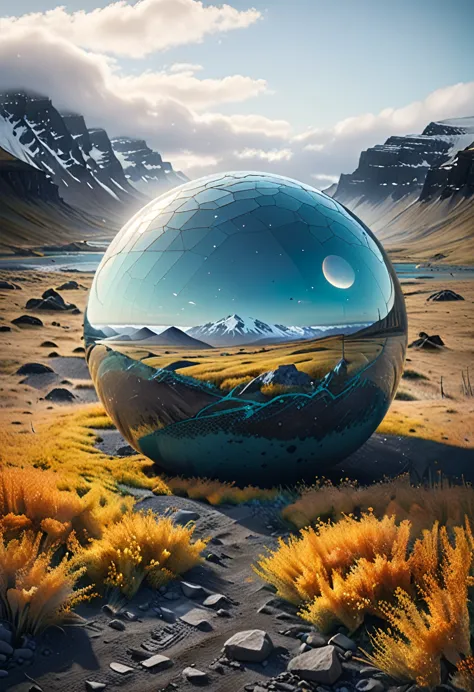 Hyperrealistic art iceland landscape with mustard and black stone patterns, starry night, a transparent big_sized hemisphere str...