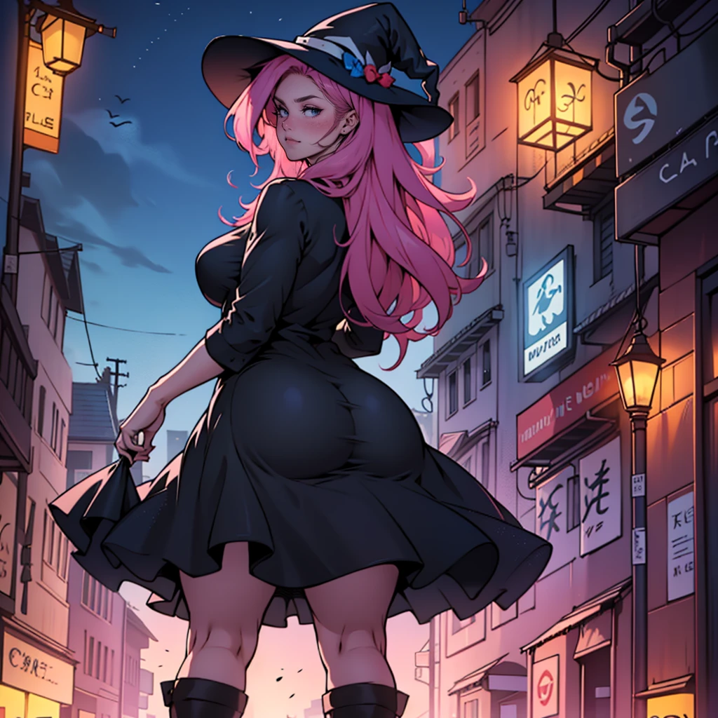 older woman in her 30s, with pink hair and a tall, curvy body, view from behind, standing backwards, breasts big, in this, (work of art, best qualityer:1.2) wearing the legendary great black dress of the mystical sorceress, Big witch hat, standing alone, alone, pink massive hair
