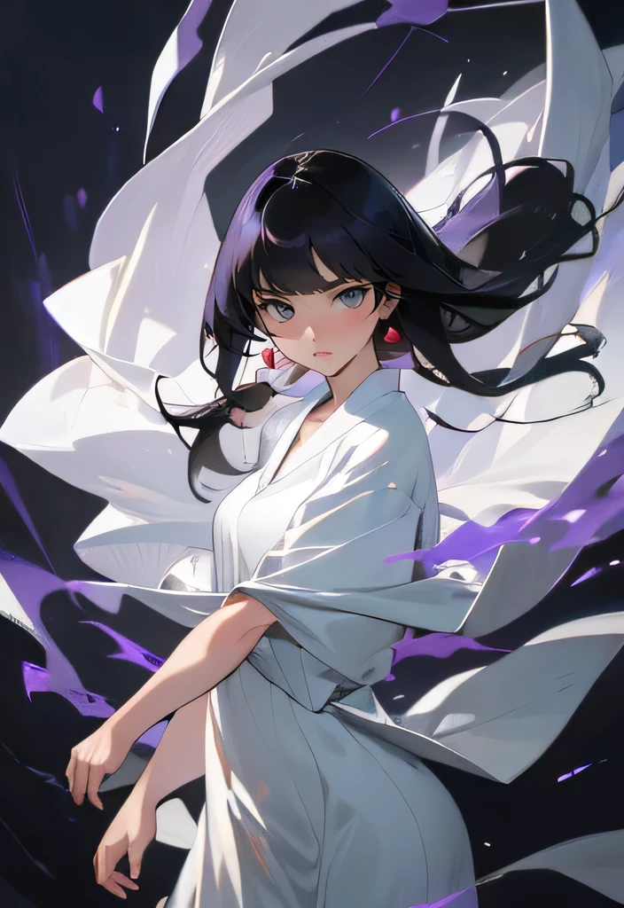 ((masterpiece)), (best quality), (absurdres), (photorealistic:1.4), black hair, yamamura_sadako, white dress, (fair skin), bangs, purple eyes, beautiful, dynamic lighting 