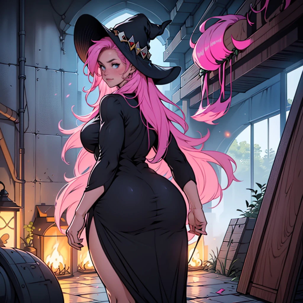 older woman in her 30s, with pink hair and a tall, curvy body, view from behind, standing backwards, breasts big, in this, (work of art, best qualityer:1.2) wearing the legendary great black dress of the mystical sorceress, Big witch hat, standing alone, alone, pink massive hair
