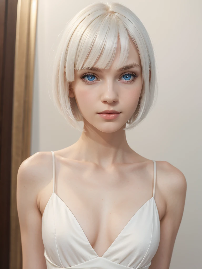 (best quality), 1girl, female, pale skin, white hair, short hair, swept bangs, straight hair, blue eyes, perfect eyes, slender, flat chest, shy, cute dress, masterpiece, anatomically correct, highres
