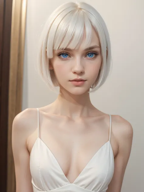 (best quality), 1girl, female, pale skin, white hair, short hair, swept bangs, straight hair, blue eyes, perfect eyes, slender, ...