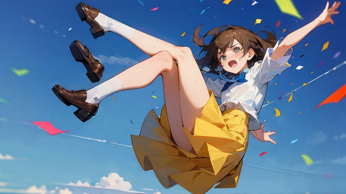 ((Highest quality)), ((masterpiece)), ((Very detailed)),Floatingする女の子,Angry expression，floating，Floating，Confetti，Brown Hair,tears,Levitating,Blue sky background,Feet in the air,tears,gravity,Long skirt,loafers,Raise both hands