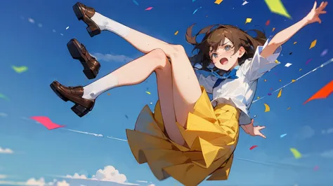 ((highest quality)), ((masterpiece)), ((very detailed)),floatingする女の子,angry expression，floating，floating，confetti，brown hair,tea...