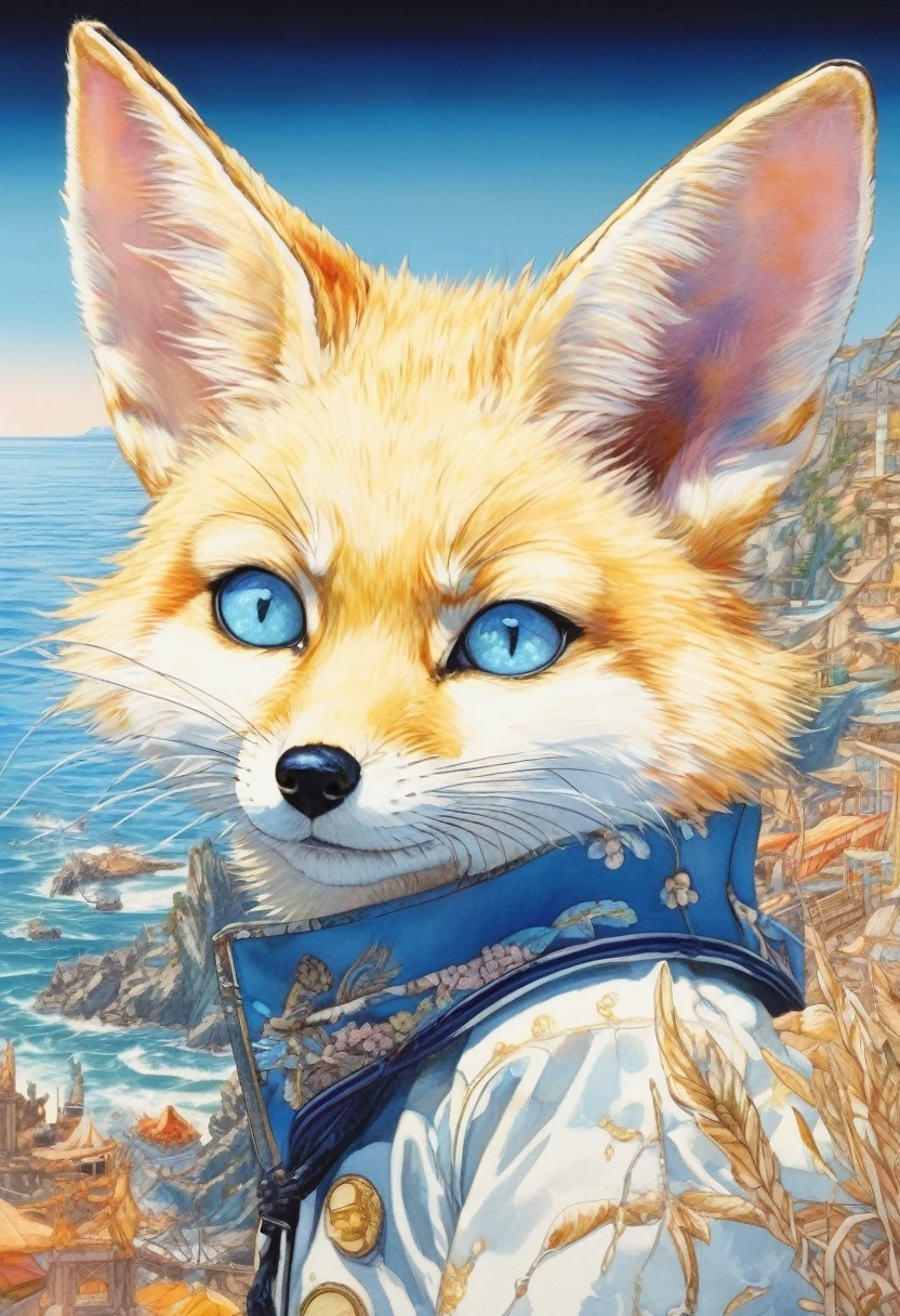 artwork:Katsuya Terada
8k, High resolution, A complex and intricate masterpiece, (Summer vacation:1.2), (Fennec fox and girl:1.1), transparent, Sparkling blue eyes, Fennec fox with silver eyes, Medium Shot, Navy colored hair, Organic Shapes, Hard Edge, Anatomically correct body,  Ultra-realistic, Fennec Fox Elegant,Cinema Lighting, Very detailed, Vibrant colors, Octane Rendered Cat, Surreal atmosphere, Award-winning works, Bright and rich colors, iridescent accents, Dramatic Shadows,Dynamic and atmospheric lighting, Anamorphic Lens, Sharp focus, 
An intricate and detailed masterpiece by Katsuya Terada, Katsuya Terada Style, Pop Surrealism, watercolor , (Kanna Hashimoto:1.2)