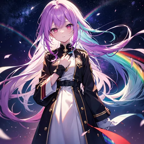 (((Fantasy　Rainbow Hair　Make your hair rainbow-colored on the inside　Long Hair　Dull red eyes)))　((Has a galaxy　uniform　Put on a ...