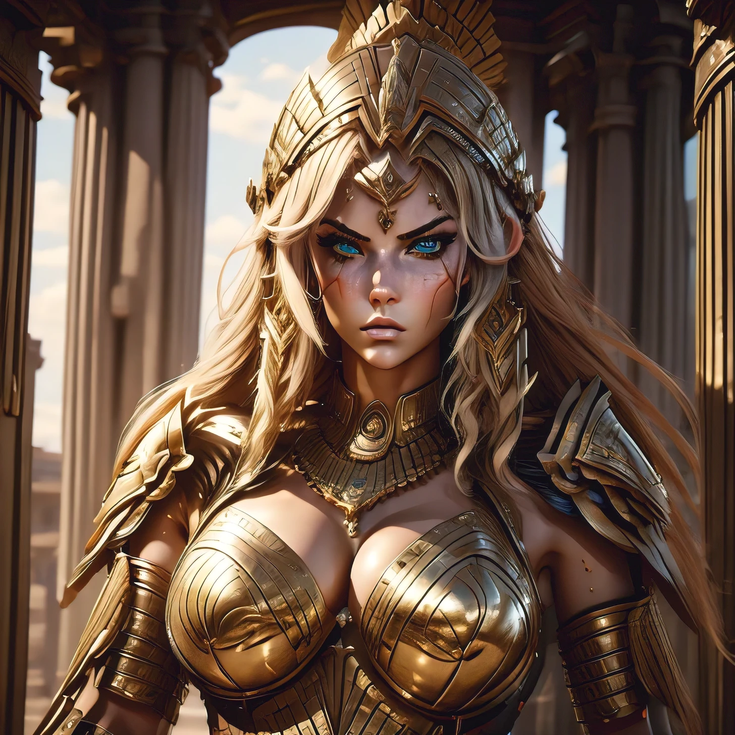 (masterpiece, highly detailed:1.3), detailed portrait of a Spartan woman wearing her war helmet, (intense and determined expression:1.2), piercing eyes, (strong jawline:1.1), intricate helmet design with crest, (dusty battle-worn appearance:1.1), hint of battle scars, (gritty texture:1.1), shadows playing against the helmet's metal surface, historical authenticity, fierce and stoic demeanor, warrior spirit captured in her gaze, subtle hints of ancient Spartan culture, dynamic lighting highlighting the helmet's craftsmanship, emphasis on strength and resilience, intense character study.