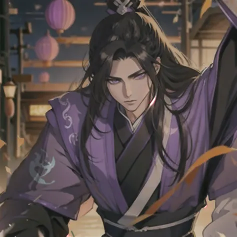 (masterpiece, best quality:1.2), 1male, solo, jiang cheng, mo dao zu shi, mdzs, purple and black clothes, purple eyes, long blac...