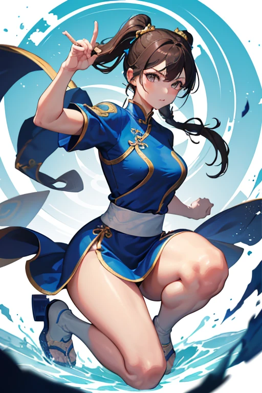 Chun-Li from Street Fight II,Chun-Li Costume,Blue Chinese dress with gold lines,Bunhead、Highest quality, 超High resolution、(High resolution)、(8K)、(Very detailed),Diagonal bangs、masterpiece, Highest quality, masterpiece, Highest quality,  alone, 1 Girl,  Brown Hair, From SF2,  Muscular woman, Blue clothes, pantyhose, Pelvic Curtain, Puff short sleeves.
(((Both hands tied with thick rope。)))
(((On one knee。)))
(((Blue clothesは切り刻まれている。)))
Her breasts are peeking out from the crack。
((Bleeding from arms or legs。))
Crippling。
I&#39;m somehow maintaining my posture。
If he gets hit with another blow, he will surely die.。
I am enduring the pain in a cold sweat。
