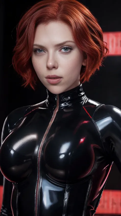 red hair bob Black Widow (Scarlett Johansson), with a huge bust in a bright black latex suit, Running makeup on face. Lush bust....
