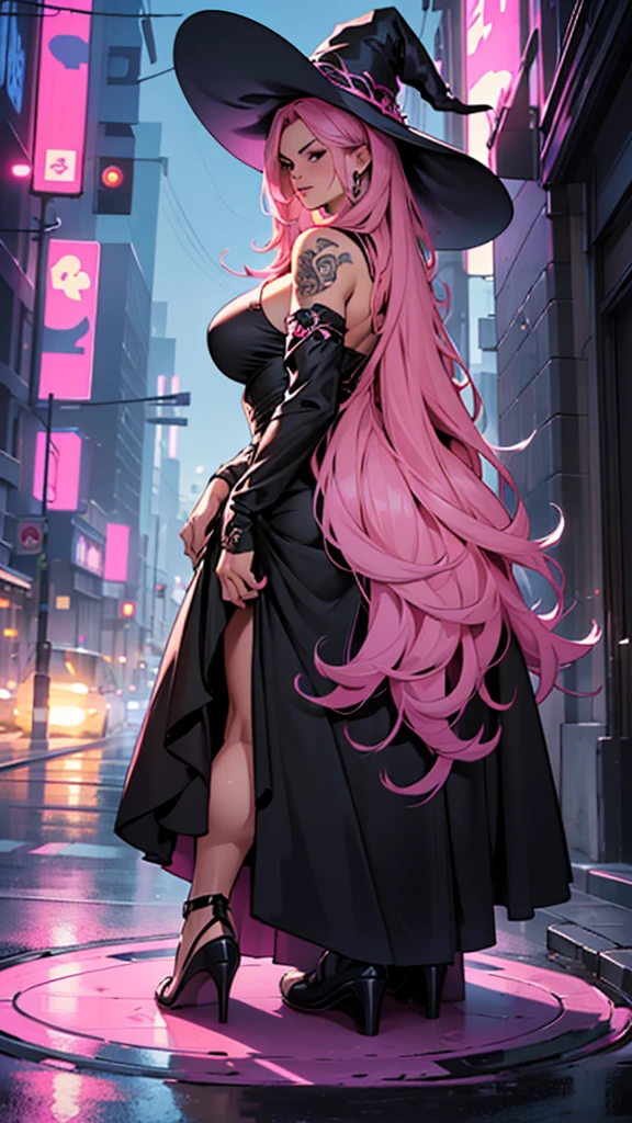 older woman, in their 30s, with long pink hair and tall, curvy body seen from behind, standing backwards, breasts big, Breasts huge, (work of art, best qualityer:1.2) wearing the legendary great black dress of the mystical sorceress, Big witch hat, standing alone, alone, cybernetic tattoo, pink massive hair
