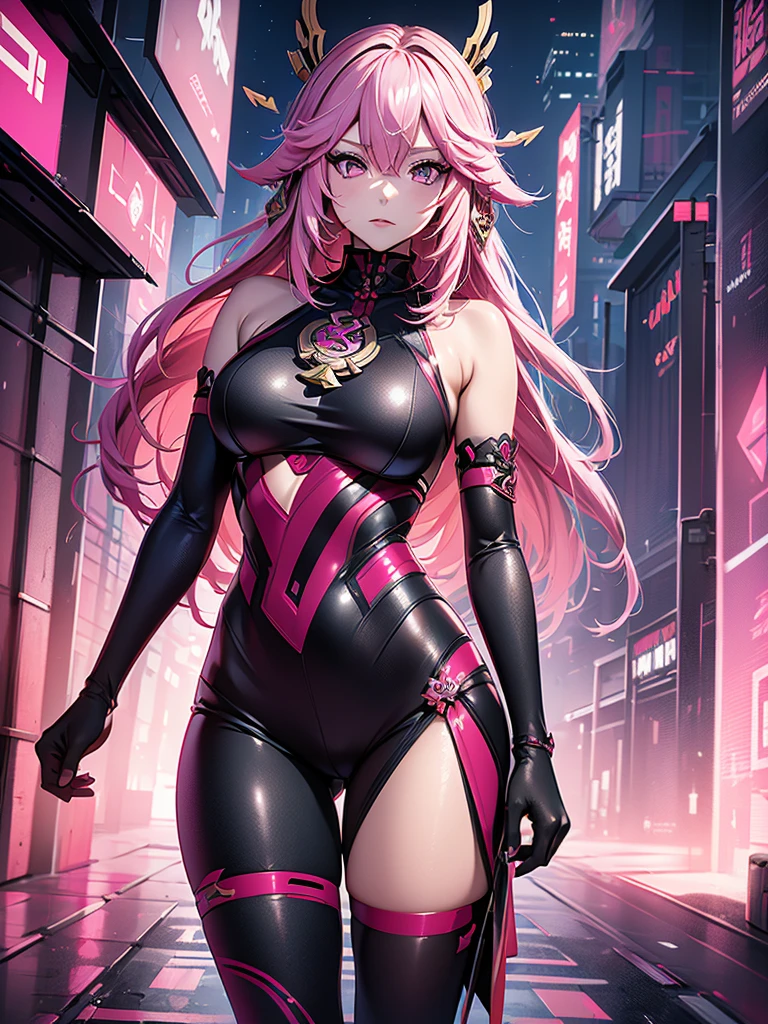 Yae miko from Genshin impact, 1girl, wearing a futuristic outfit, cyberpunk outfit, at a future city, cyberpunk look, pink colour hair, 8k, high detailed, high quality
