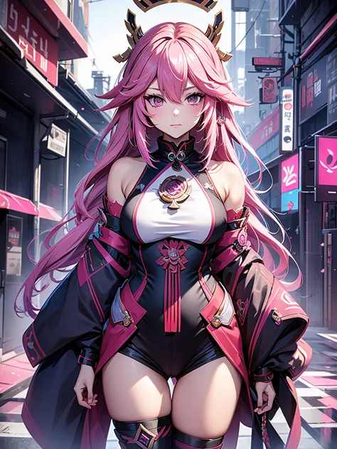 Yae miko from Genshin impact, 1girl, wearing a futuristic outfit, cyberpunk outfit, at a future city, cyberpunk look, pink colou...