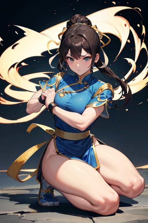 Chun-Li from Street Fight II,Chun-Li Costume,Blue Chinese dress with gold lines,Bunhead、Highest quality, 超High resolution、(High resolution)、(8K)、(Very detailed),Diagonal bangs,Highest quality,  alone, girl,  Brown Hair,  Muscular woman, Blue clothes, pantyhose, Pelvic Curtain, Puff short sleeves.
(((Both hands tied with thick rope。)))
(((On one knee。)))
(((Blue clothesは切り刻まれている。)))
Her breasts are peeking out from the crack。
((Bleeding from arms or legs。))
Crippling。
I&#39;m somehow maintaining my posture。
If he gets hit with another blow, he will surely die.。
I am enduring the pain in a cold sweat。
