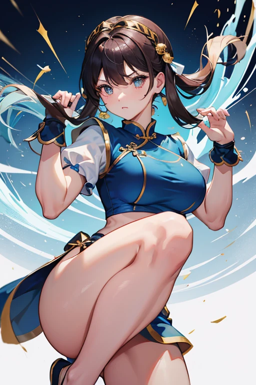 Chun-Li from Street Fight II,Chun-Li Costume,Blue Chinese dress with gold lines,Bunhead、Highest quality, Ultra-high resolution、,Diagonal bangs,Highest quality,  alone, girl,  Brown Hair,  Muscular woman, Blue clothes, pantyhose, Pelvic Curtain, Puff short sleeves.
(((Both hands tied with thick rope。)))
(((On one knee。)))
(((Blue clothesは切り刻まれている。)))
Her breasts are peeking out from the crack。
((Bleeding from arms or legs。))
Crippling。
I&#39;m somehow maintaining my posture。
If he gets hit with another blow, he will surely die.。
I am enduring the pain in a cold sweat。
