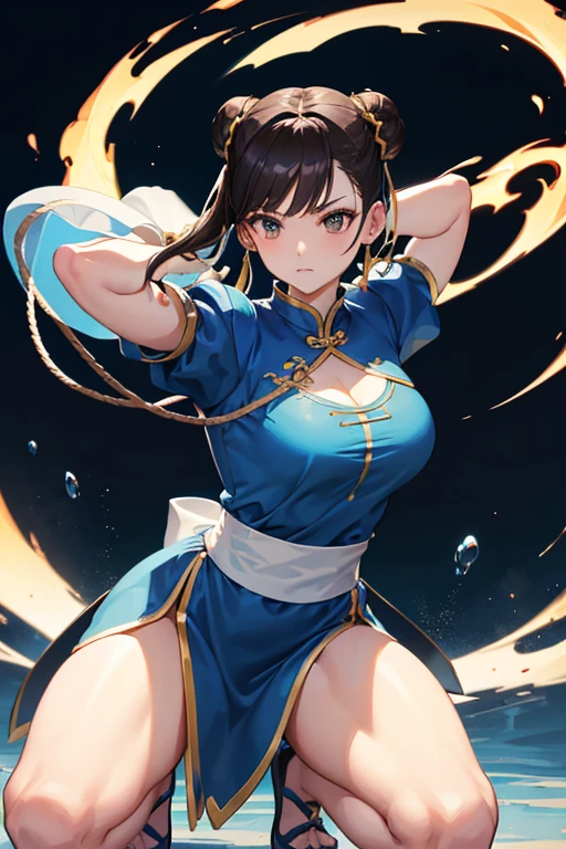 Chun-Li from Street Fight II,Chun-Li Costume,Blue Chinese dress with gold lines,Bunhead、Highest quality, Ultra-high resolution、,Diagonal bangs,Highest quality,  alone, girl,  Brown Hair,  Muscular woman, Blue clothes, pantyhose, Pelvic Curtain, Puff short sleeves.
(((Both hands tied with thick rope。)))
(((On one knee。)))
(((Blue clothesは切り刻まれている。)))
Her breasts are peeking out from the crack。
((Bleeding from arms or legs。))
Crippling。
I&#39;m somehow maintaining my posture。
If he gets hit with another blow, he will surely die.。
I am enduring the pain in a cold sweat。
