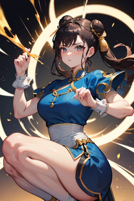 Chun-Li from Street Fight II,Chun-Li Costume,Blue Chinese dress with gold lines,Bunhead、Highest quality, Ultra-high resolution、,Diagonal bangs,Highest quality,  alone, girl,  Brown Hair,  Muscular woman, Blue clothes, pantyhose, Pelvic Curtain, Puff short sleeves.
(((Both hands tied with thick rope。)))
(((On one knee。)))
(((Blue clothesは切り刻まれている。)))
Her breasts are peeking out from the crack。
((Bleeding from arms or legs。))
Crippling。
I&#39;m somehow maintaining my posture。
If he gets hit with another blow, he will surely die.。
I am enduring the pain in a cold sweat。
