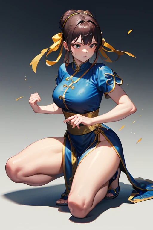 Chun-Li from Street Fight II,Chun-Li Costume,Blue Chinese dress with gold lines,Bunhead、Highest quality, Ultra-high resolution、,Diagonal bangs,Highest quality,  alone, girl,  Brown Hair,  Muscular woman, Blue clothes, pantyhose, Pelvic Curtain, Puff short sleeves.
((Both hands tied with thick rope。))
(((On one knee。)))
(Blue clothesは切り刻まれている。)
Her breasts are peeking out from the crack。
((Bleeding from arms or legs。))
Crippling。
I&#39;m somehow maintaining my posture。
If he gets hit with another blow, he will surely die.。
I am enduring the pain in a cold sweat。
