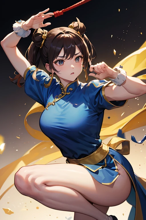 Chun-Li from Street Fight II,Chun-Li Costume,Blue Chinese dress with gold lines,Bunhead、Highest quality, Ultra-high resolution、,Diagonal bangs,Highest quality,  alone, girl,  Brown Hair,  Muscular woman, Blue clothes, pantyhose, Pelvic Curtain, Puff short sleeves.
((Both hands tied with thick rope。))
(((On one knee。)))
(Blue clothesは切り刻まれている。)
Her breasts are peeking out from the crack。
((Bleeding from arms or legs。))
Crippling。
I&#39;m somehow maintaining my posture。
If he gets hit with another blow, he will surely die.。
I am enduring the pain in a cold sweat。
