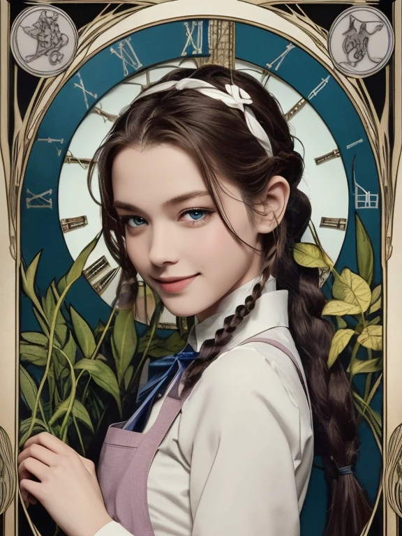 masterpiece, Highest quality, Very detailed, 16K, Ultra-high resolution, Cowboy Shot, Alice in Wonderland, (art nouveau:1.4), 10-year-old girl, Detailed face, smile, blue eyes, blonde, Braiding, Long Hair, ponytail, Ribbon on head, Blue clothes, Plain white apron, 大きなclockのある部屋で, clock, 壁clock, Music Box