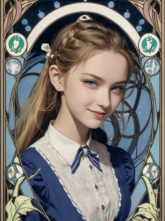 masterpiece, Highest quality, Very detailed, 16K, Ultra-high resolution, Cowboy Shot, Alice in Wonderland, (art nouveau:1.4), 10-year-old girl, Detailed face, smile, blue eyes, blonde, Braiding, Long Hair, ponytail, Ribbon on head, Blue clothes, Plain white apron, 大きなclockのある部屋で, clock, 壁clock, Music Box