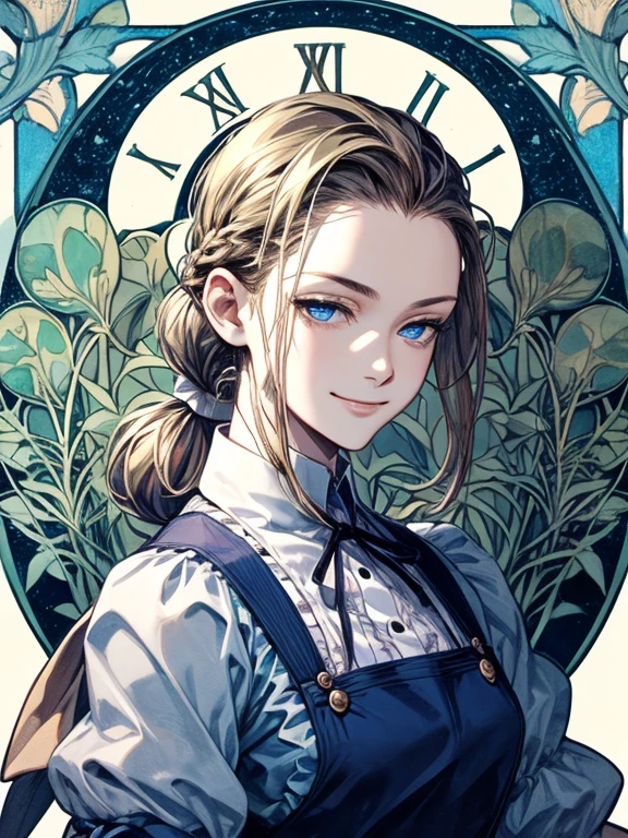 masterpiece, Highest quality, Very detailed, 16K, Ultra-high resolution, Cowboy Shot, Alice in Wonderland, (art nouveau:1.4), 10-year-old girl, Detailed face, smile, blue eyes, blonde, Braiding, Long Hair, ponytail, Ribbon on head, Blue clothes, Plain white apron, 大きなclockのある部屋で, clock, 壁clock, Music Box