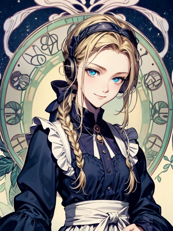 masterpiece, Highest quality, Very detailed, 16K, Ultra-high resolution, Cowboy Shot, Alice in Wonderland, (art nouveau:1.4), 10-year-old girl, Detailed face, smile, blue eyes, blonde, Braiding, Long Hair, ponytail, Ribbon on head, Blue clothes, Plain white apron, 大きなclockのある部屋で, clock, 壁clock, Music Box