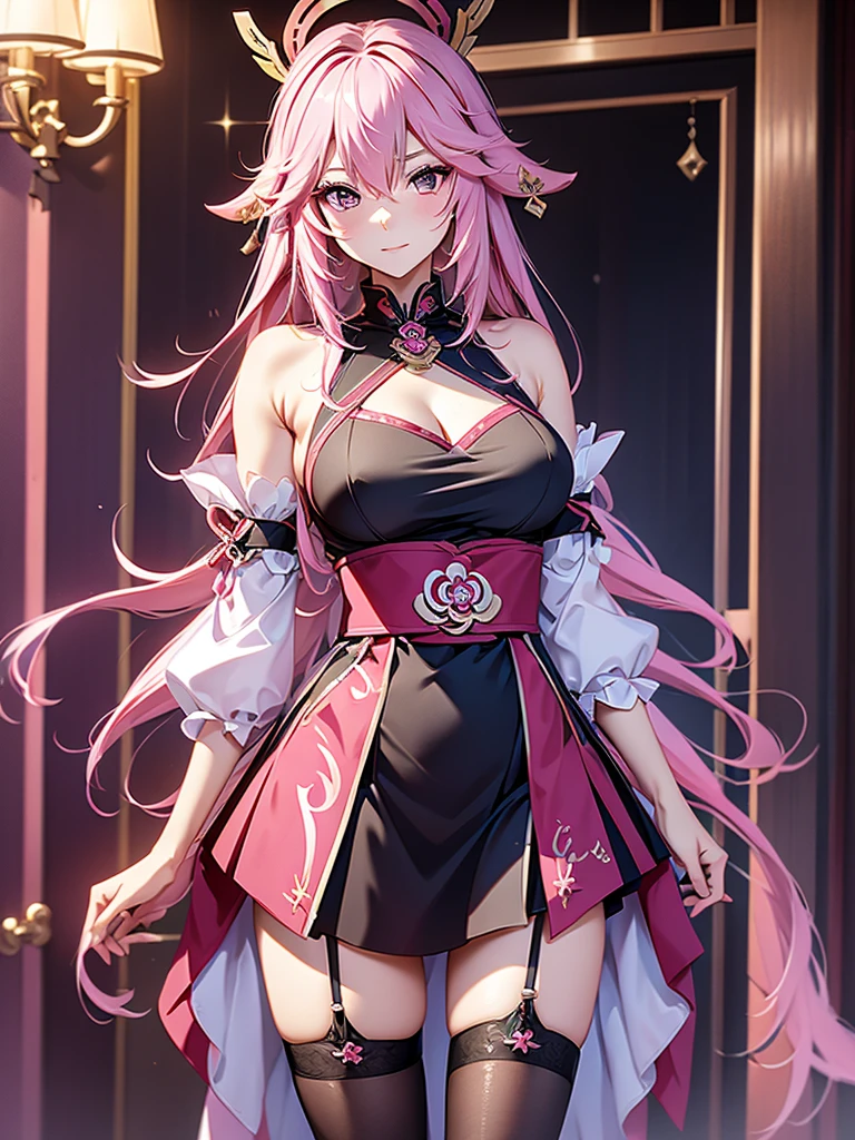 Yae miko from Genshin impact, 1woman, as a maid, wearing a maid outfit, in a mansion , pink colour hair, 8k, high detailed, high quality
