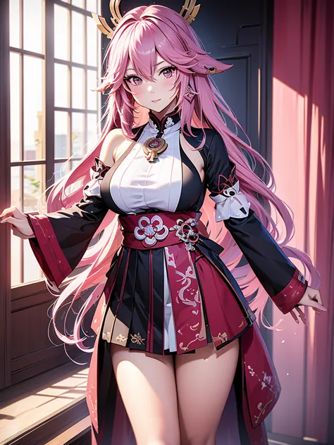 Yae miko from Genshin impact, 1woman, as a maid, wearing a maid outfit, in a mansion , pink colour hair, 8k, high detailed, high...