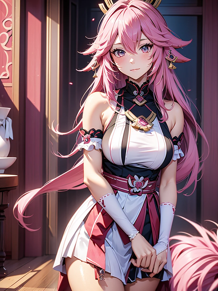 Yae miko from Genshin impact, 1woman, as a maid, wearing a maid outfit, in a mansion , pink colour hair, 8k, high detailed, high quality
