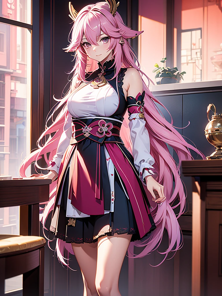 Yae miko from Genshin impact, 1woman, as a maid, wearing a maid outfit, in a mansion , pink colour hair, 8k, high detailed, high quality
