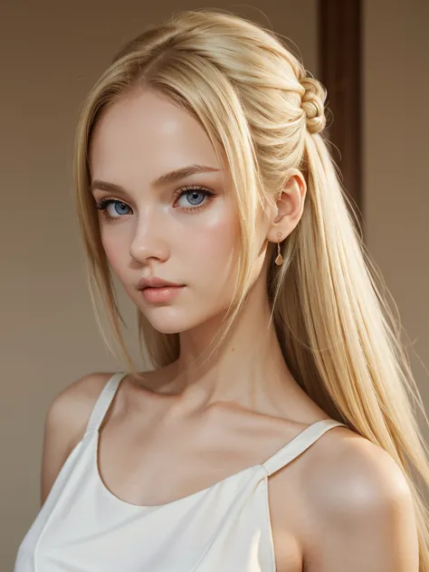 (best quality), 1girl, female, porcelain skin, blonde hair, straight hair, medium hair, elegant up-do, swoopy tips, flipped-up e...