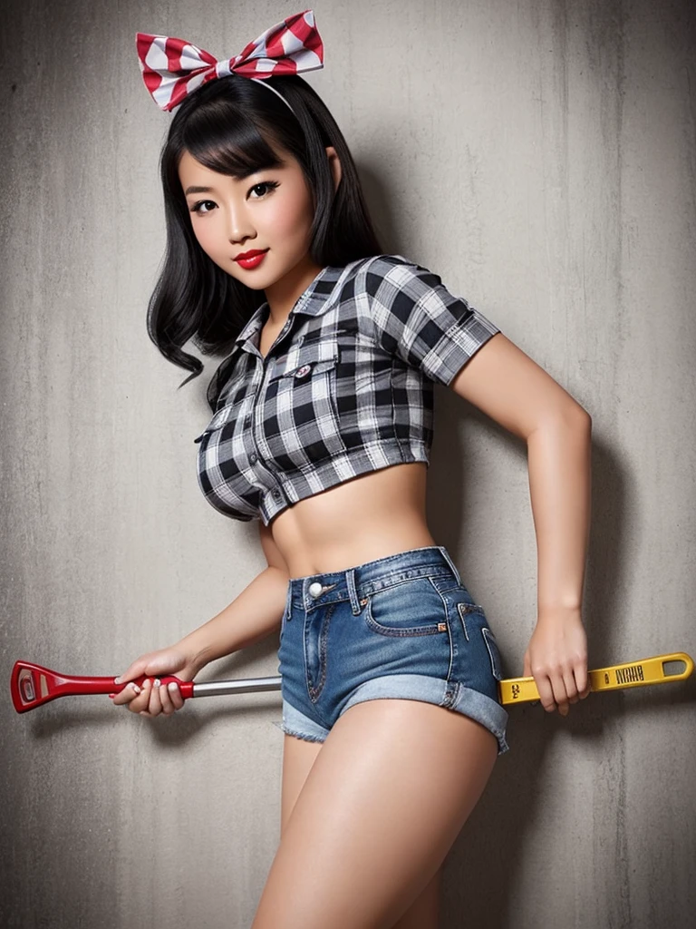 A pin-up young Asian woman with dark hair in pinup style, wearing a gray and white checkered crop top and jeans shorts and holding a wrench red bow on a head