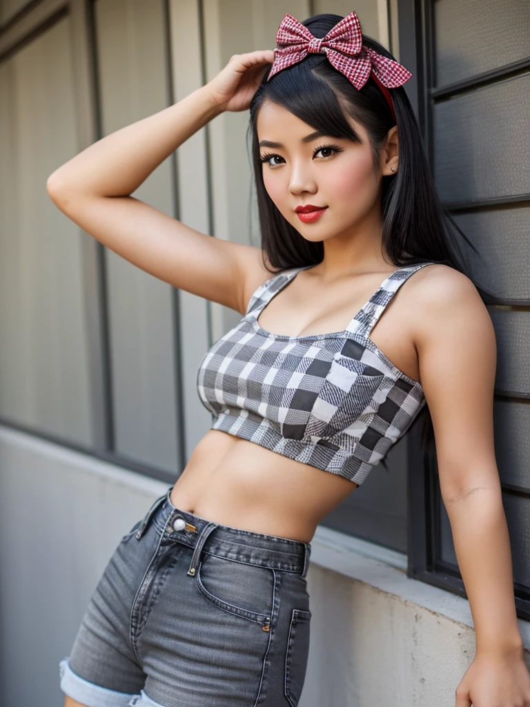 A pin-up young Asian woman with dark hair in pinup style, wearing a gray and white checkered crop top and jeans shorts and holding a wrench red bow on a head