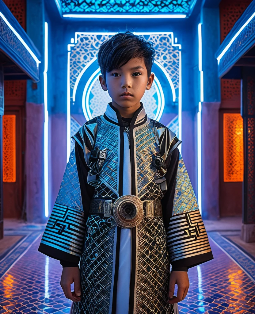 Highly detailed, hyper-realistic portrait of a young Japanese boy, wearing intricate, futuristic fantasy clothes inspired by Moroccan and Tunisian cultures, by Ash Thorp and Simon Stalenhag, vibrant colors, neon lights, subtle mist, modern architecture, Marrakech and Tunisian riad-inspired background, Canon EOS R5, ƒ 2.2, 24 mm, 8k, medium-format print, intricate textures, subtle facial expression, ornate patterns, metallic accents.