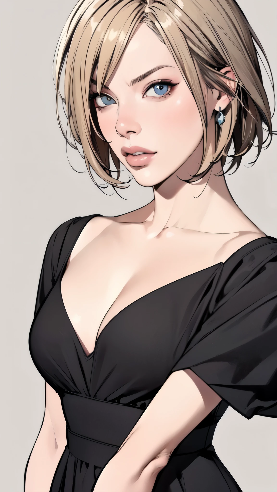 (masterpiece:1.2, Highest quality),8K,wallpaper,(An illustration),(Milla Jovovich), Upper body close-up,front,short hair,Wearing a black dress,Perfect Eyes,Detailed face,,Sexy expression,Cool woman,blonde