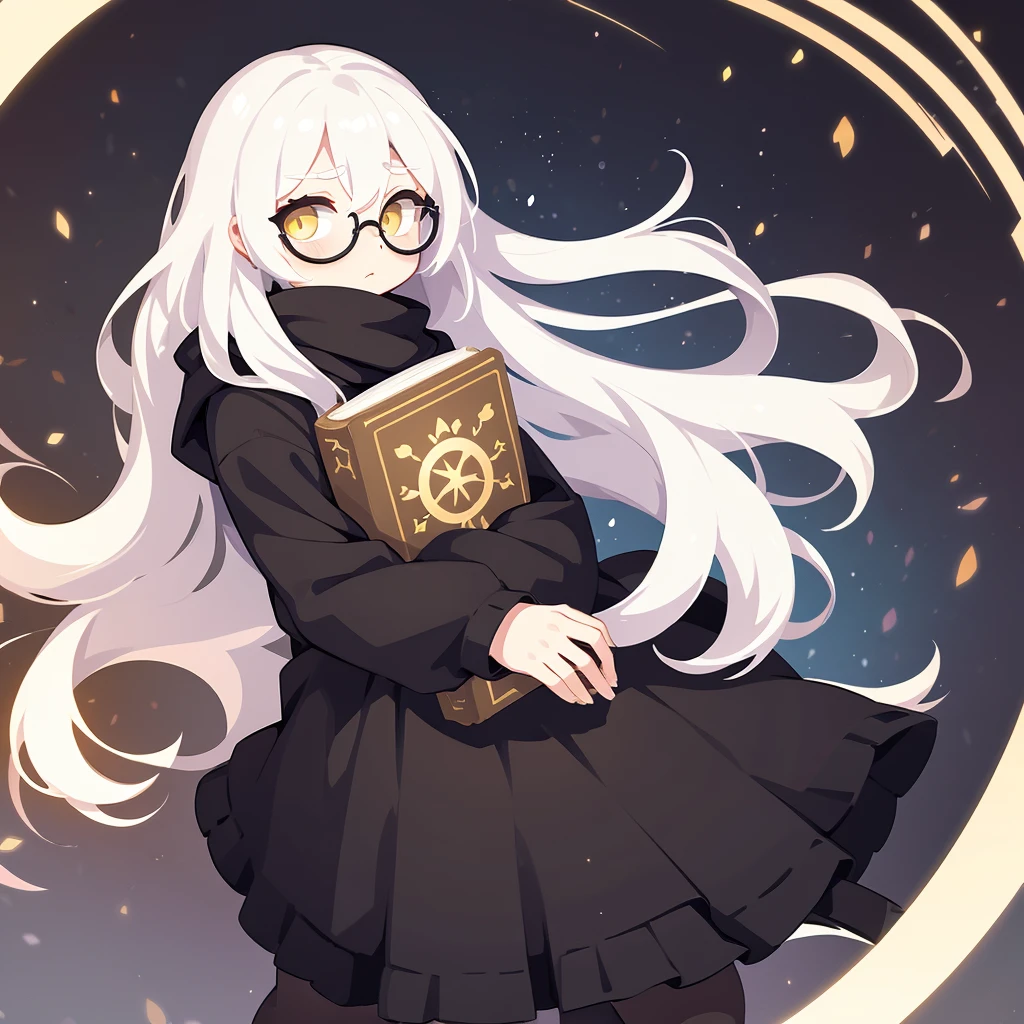 Boy, White hair, long hair, yellow eyes, (detailed:1.5), circle glasses, with book