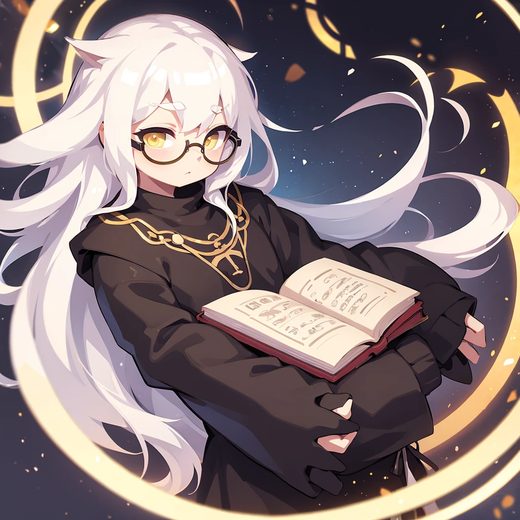 Boy, White hair, long hair, yellow eyes, (detailed:1.5), circle glasses, with book