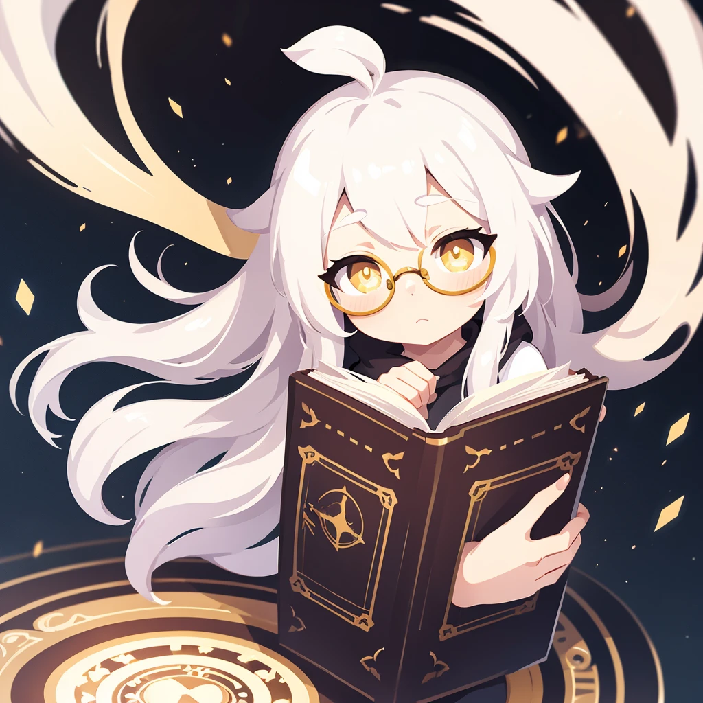 Boy, White hair, long hair, yellow eyes, (detailed:1.5), circle glasses, with book