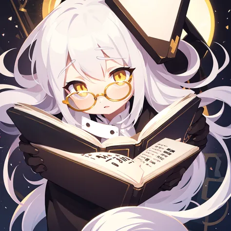 Boy, White hair, long hair, yellow eyes, (detailed:1.5), circle glasses, with book