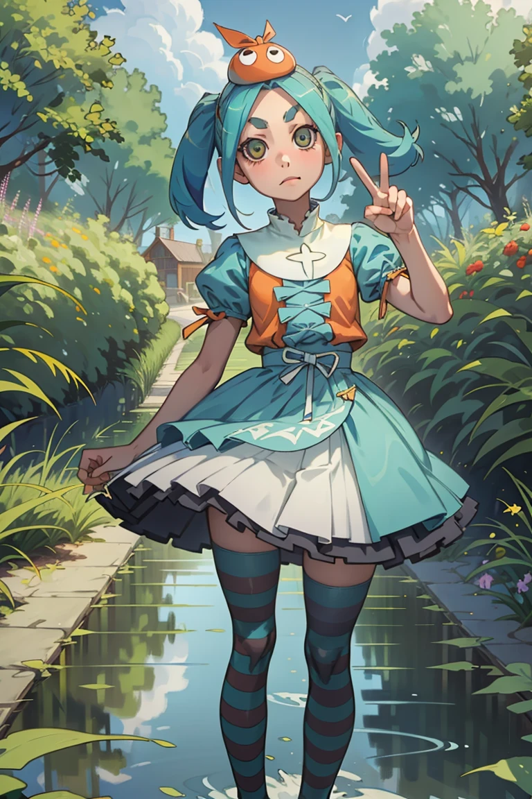 1 girl, standing alone, gazing at viewer,
ononokiyotsugi, water hair, shorth hair, olhos inerdes, twintails, Thick eyebrows, 
striped pantyhose, blue and gray pantyhose, inestir, orange inestir, throat of a branch turtle, white frills, ha, puff sleeves, manga curta, 
Garden, árinores, close up,
in, peace sign, 
inexpressiino, cloused mouth, Saturated colorful