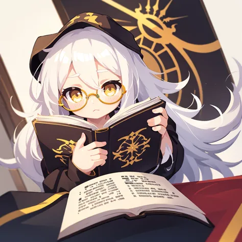 Boy, White hair, long hair, yellow eyes, detailed, circle glasses, with book