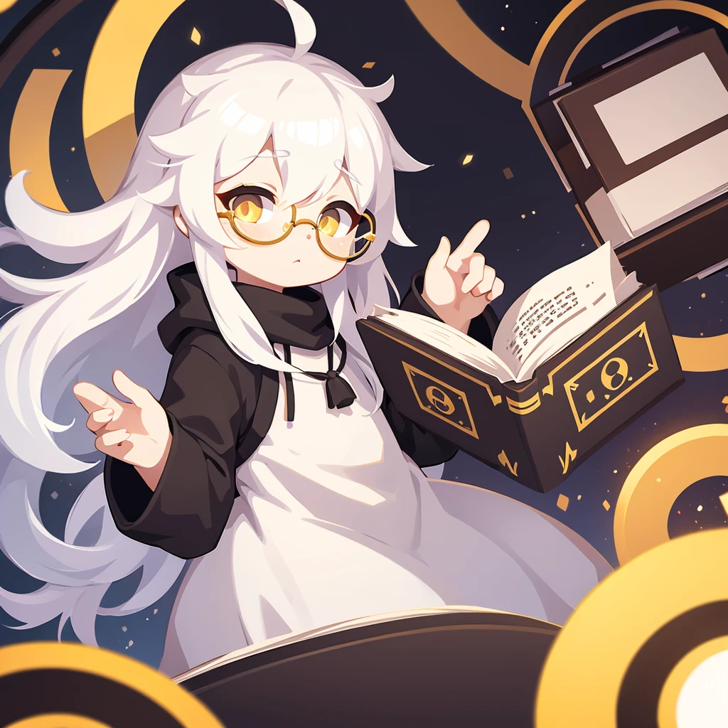 Boy, White hair, long hair, yellow eyes, detailed, circle glasses, with book