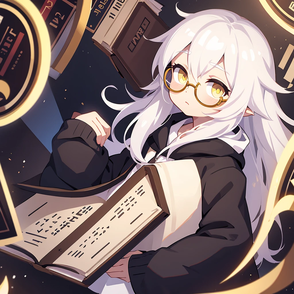 Boy, White hair, long hair, yellow eyes, detailed, circle glasses, with book