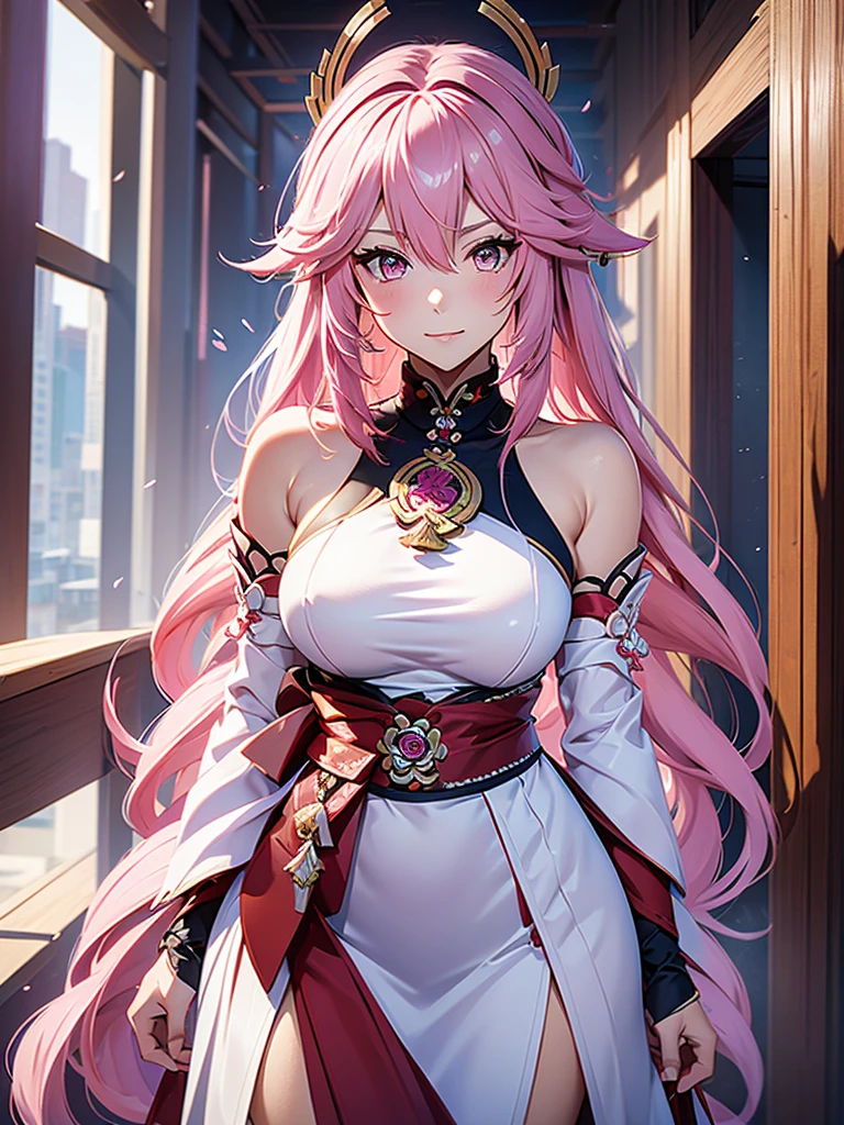 Yae miko from Genshin impact, 1woman, as a bride, wearing a white wedding dress, at a wedding ceremony , pink colour hair, 8k, high detailed, high quality
