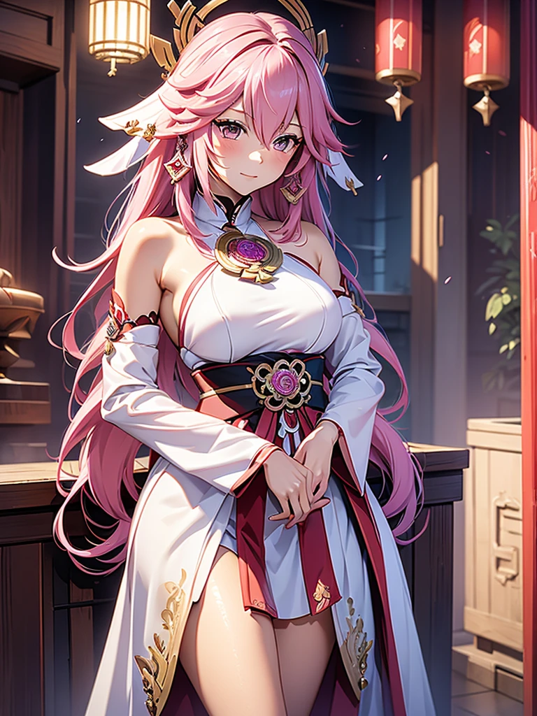 Yae miko from Genshin impact, 1woman, as a bride, wearing a white wedding dress, at a wedding ceremony , pink colour hair, 8k, high detailed, high quality
