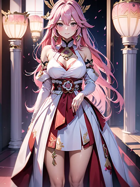 Yae miko from Genshin impact, 1woman, as a bride, wearing a white wedding dress, at a wedding ceremony , pink colour hair, 8k, h...