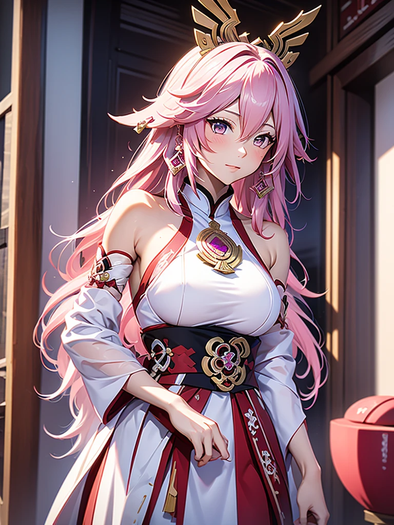 Yae miko from Genshin impact, 1woman, as a bride, wearing a white wedding dress, at a wedding ceremony , pink colour hair, 8k, high detailed, high quality
